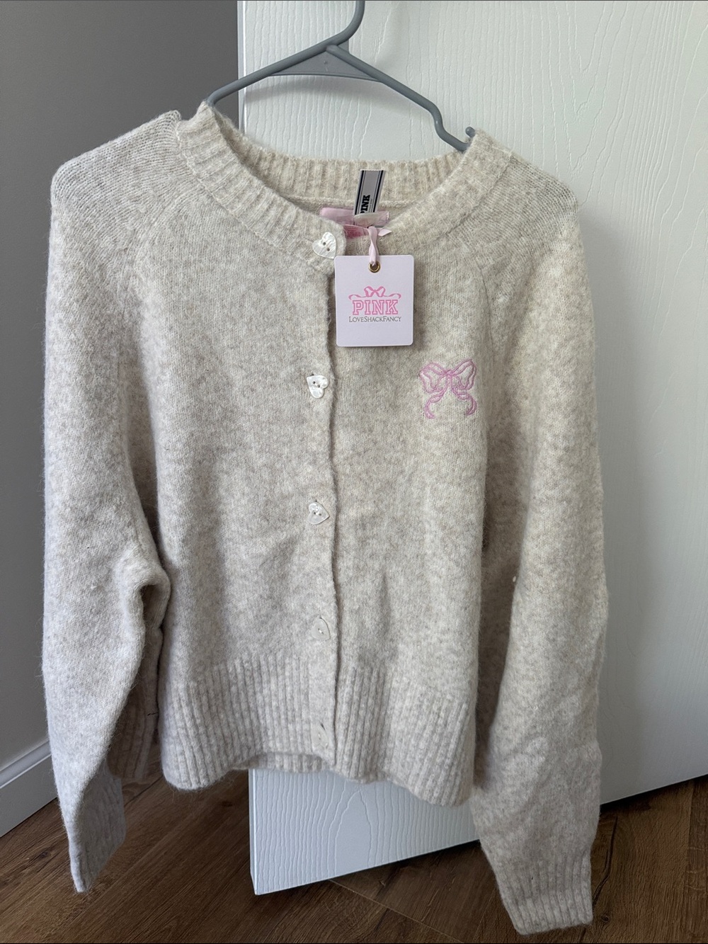 LoveShackFancy x Victoria Secret Cream Cardigan with Pink Embroidered Bow